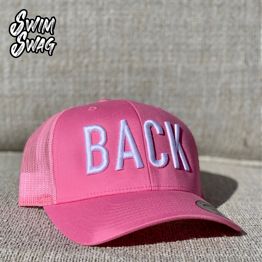 "BACK" Hat - Backstroke (Pink & White)