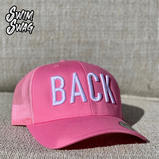 "BACK" Hat - Backstroke (Pink & White)