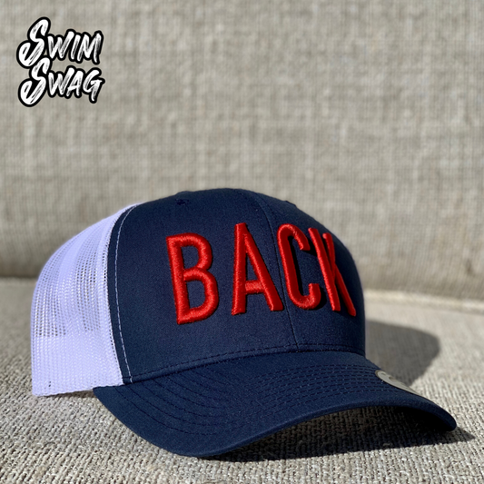 "BACK" Hat - Backstroke (Red, White, & Blue)